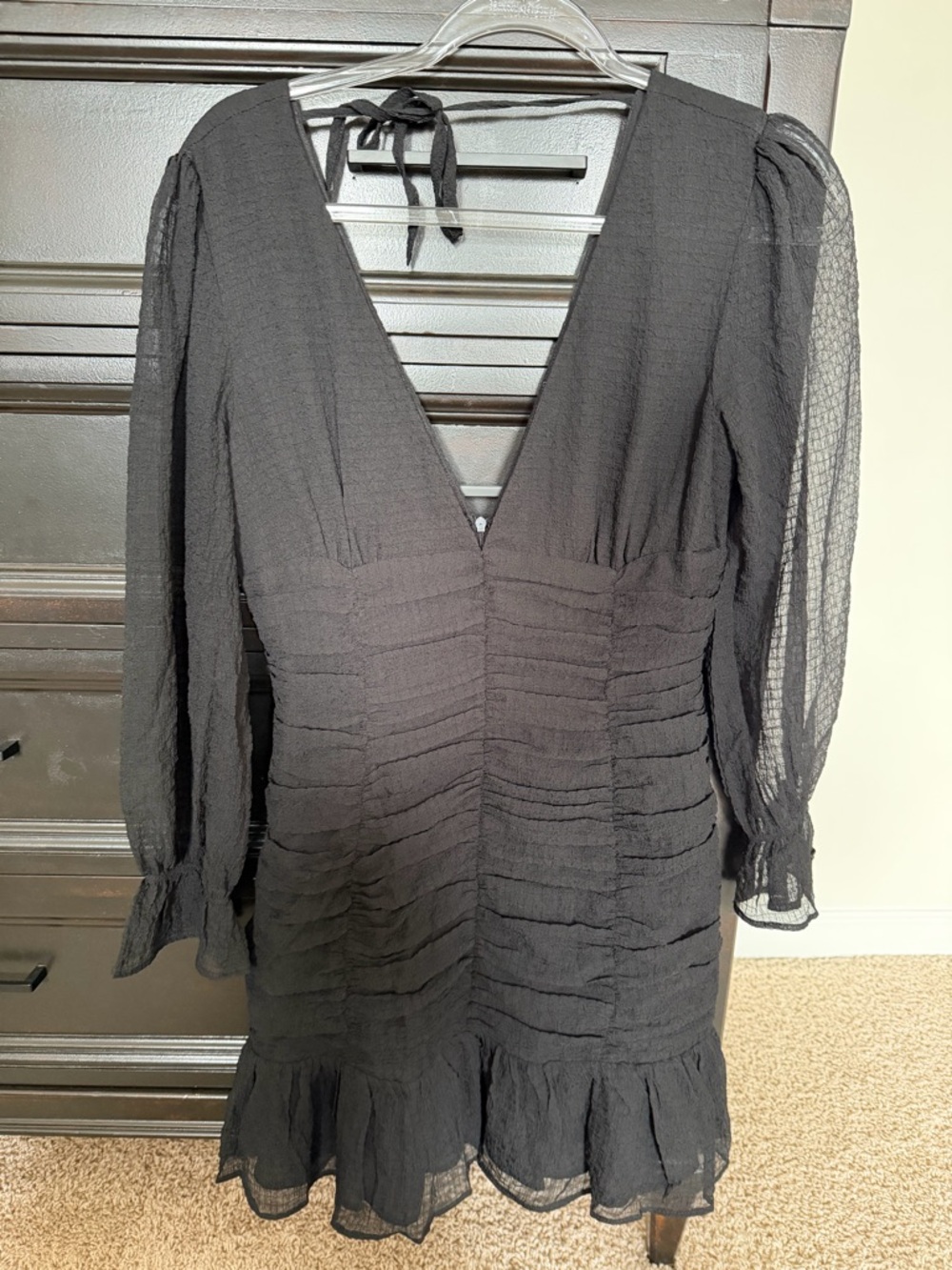 Storia Black Long Sleeve V-Neck Ruffled Mini Dress
